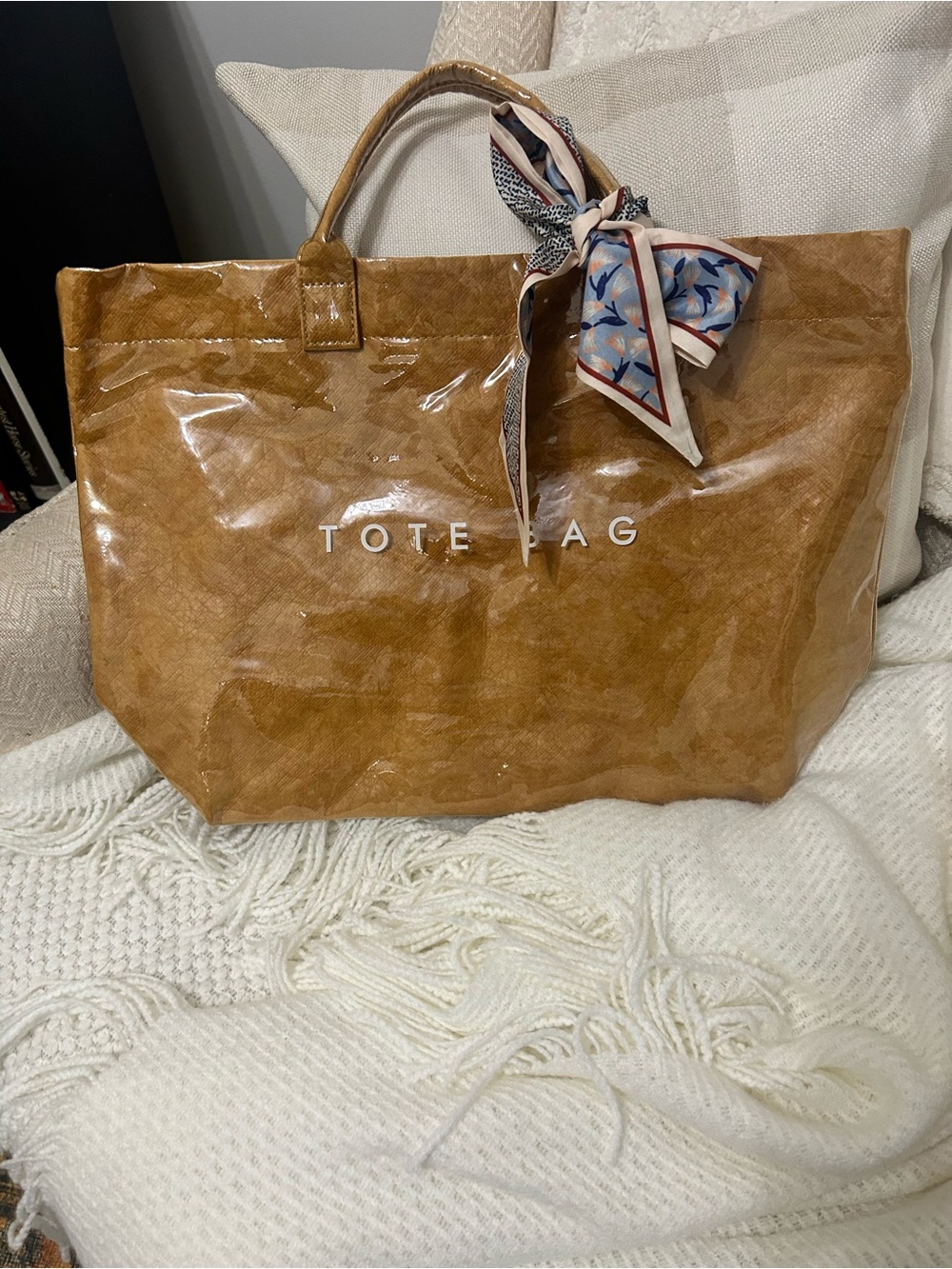 TOTE BAG Faux-Leather Brown Tote Bag with Scarf Detail. Never been used.